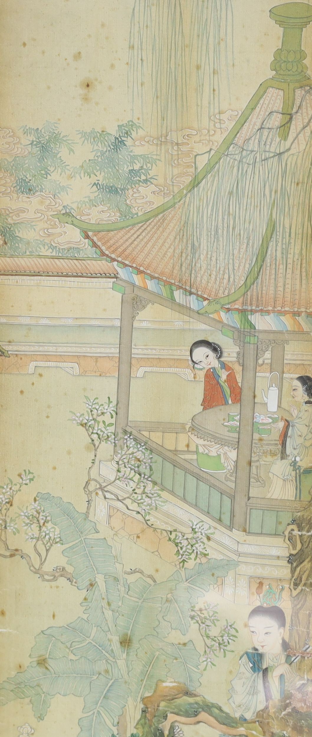 A set of four Chinese paintings on silk of ladies in pavilion gardens, 19th century each image 82 cm x 18.5 cm, damage